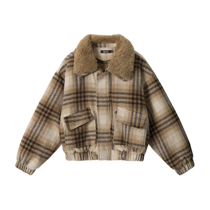 เสื้อโค้ทผ้าฝ้ายสำหรับผู้หญิง HeyHenry Thiened Lamb แต่งปกขนแกะ  บุซับในอุ่น  แบบมีซิป  ลายสก็อต