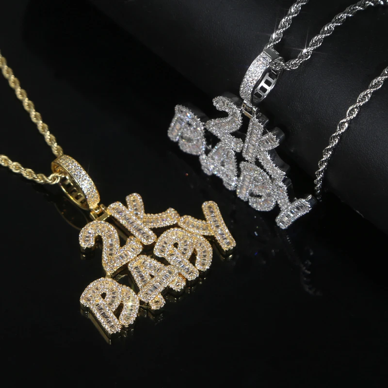 Hip Hop Full Paved 5A Cubic Zircon Pendants Necklace Gold Plated Bling Cz Custom 2000s 2k Baby Rock Punk Cool Monogram Jewelry