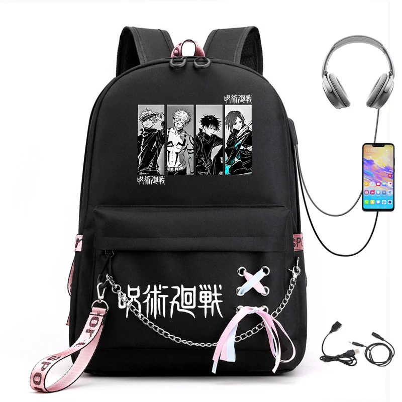 Jujutsu Kaisen Anime Print Mochila para meninas, bolsa de lazer estudantil, bolsa de viagem USB