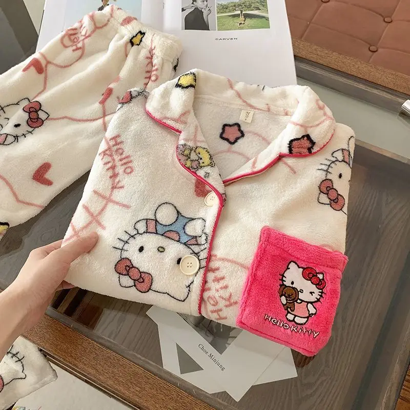 

Cartoon Hello Kitty 2Pcs Plush Pajamas Set Sanrio Women Anime Coral Velvet Homewear Kawaii Spring Homewear Thicken Girls Cute