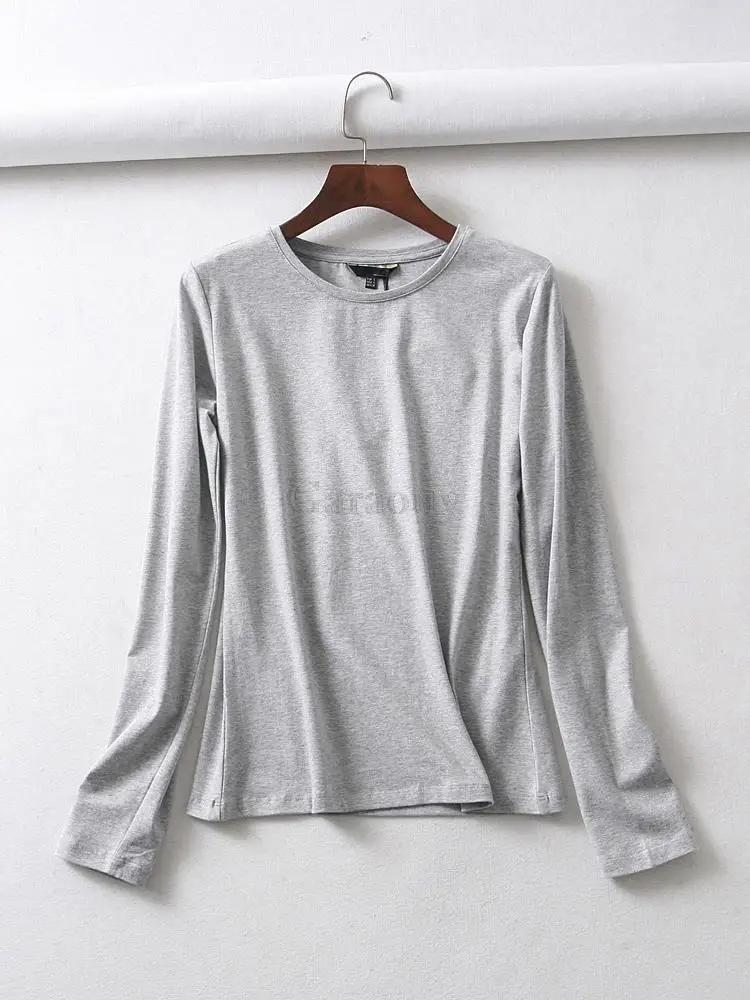 Garaouy 2023 Women High Quality Basic Cotton T Shirt Long Sleeve O Neck Tees Ladies Tee Shirt Street Wear Top Mujer De Moda