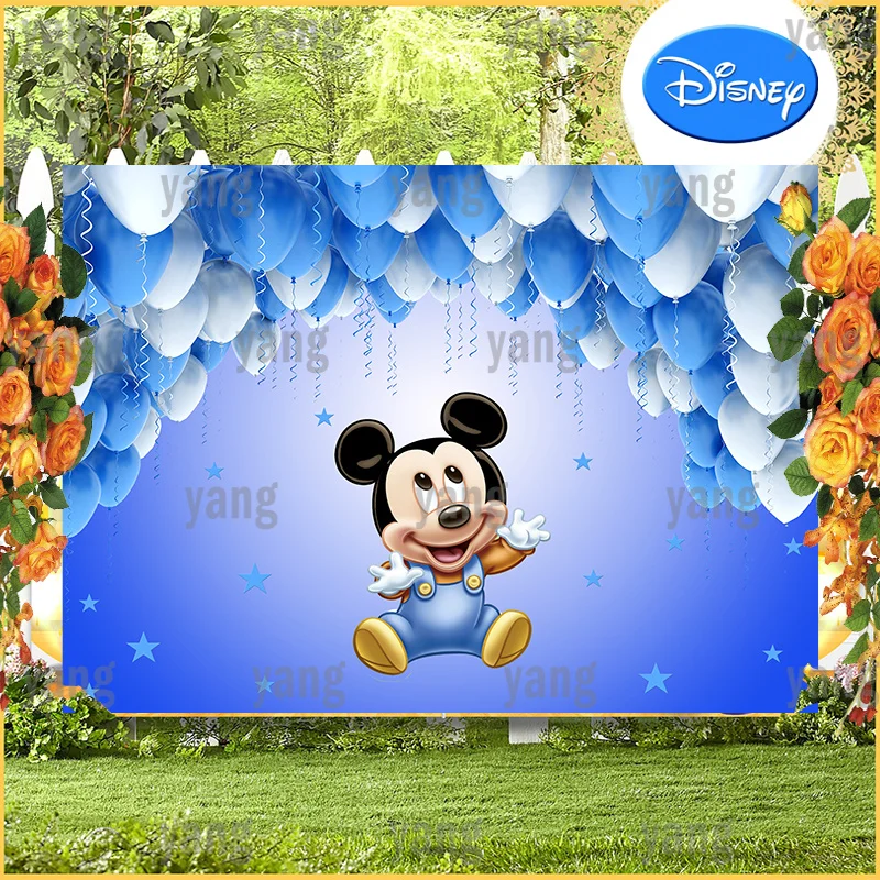 Cartoon Custom Disney Lovely Baby Mickey Mouse Cute Blue Balloon Birthday Party Decoration Backdrop Photography Background