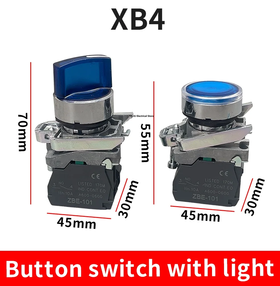 XB4 Illuminated Knob Switch 2 Gears 3 Gears Normally Open Normally Closed Mechanical Button Switch Self-lock LED Button Switch