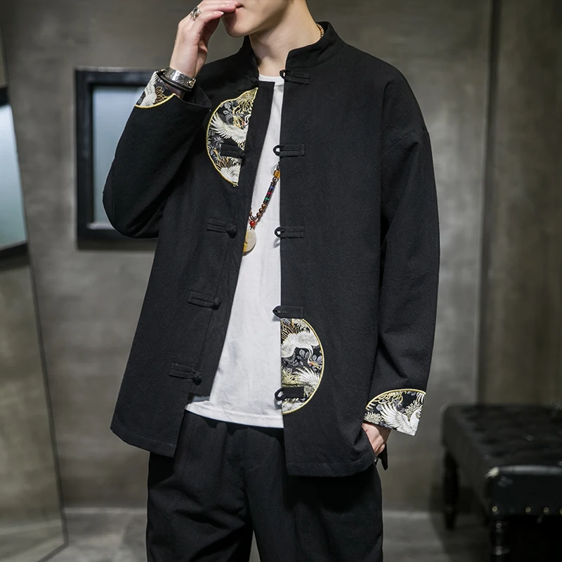 

New Men's Spring Autumn Sle Chinese Tang Suit Jaet Youth Faion Cotton Linen Blend Anti-Wrinkle Long Sve Stand Collar