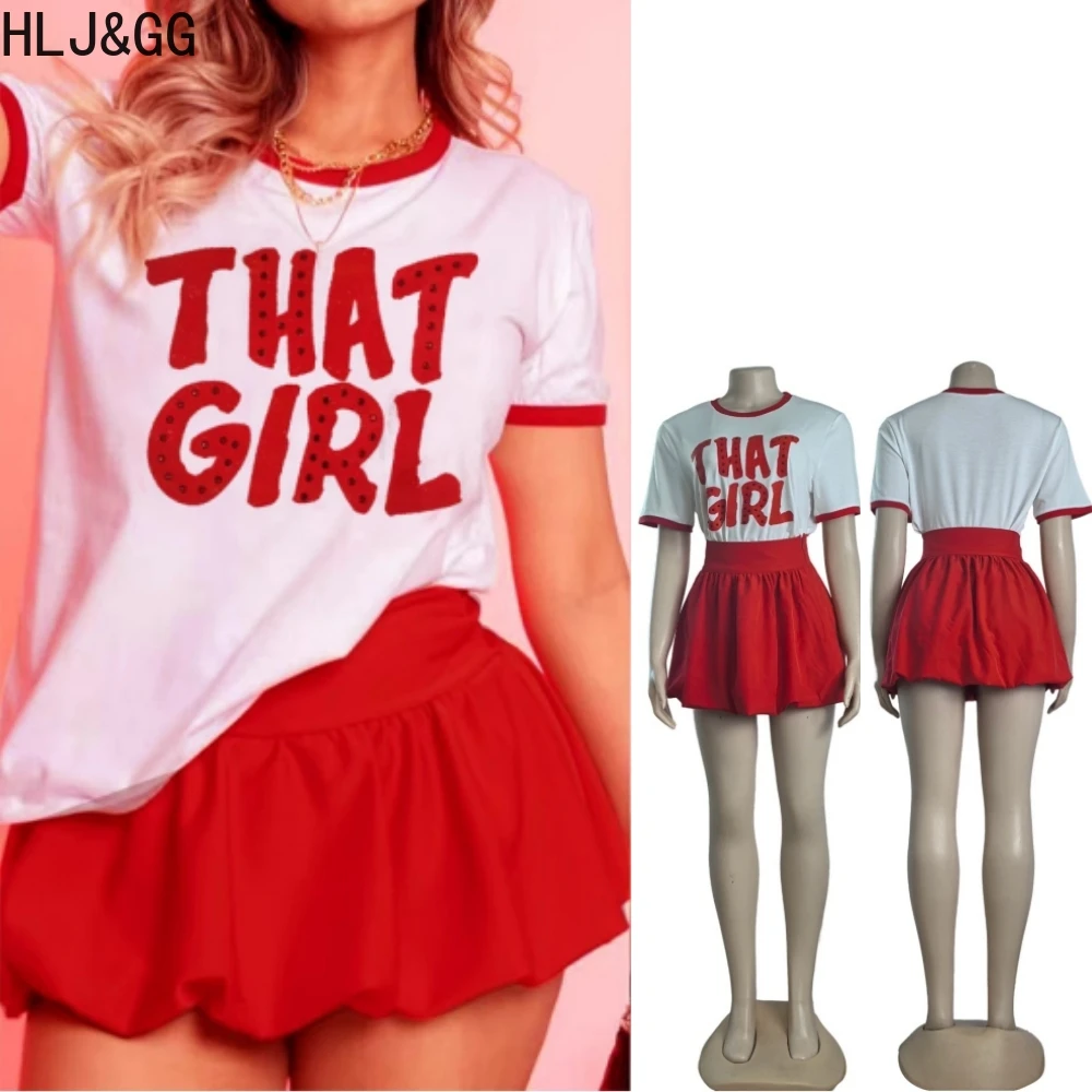 

HLJ&GG Red Summer Letter Print Mini Skirts Two Peice Sets Women O Neck Slim Crop Top And Skirts Outfits Fashion 2pcs Streetwear