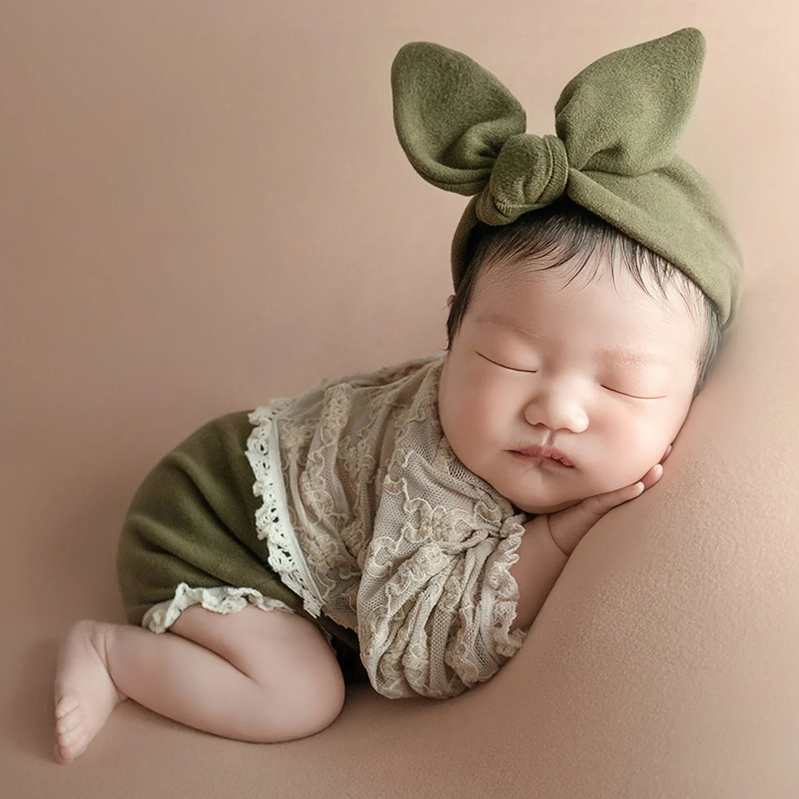 2 Pieces Set Newborn Green Lace Romper Jumpsuit Rabbit Headband Set Baby Boy Girl Photography Clothes Newborn Photography Props