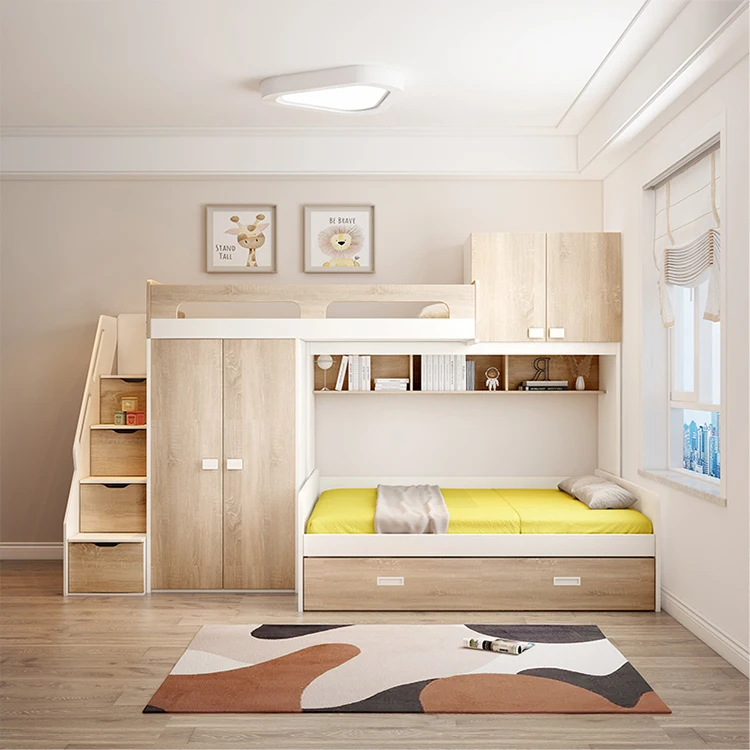 *New Style Wood Grain Double Bunk Bed Storage for Kids Bunk Bed with Wardrobe