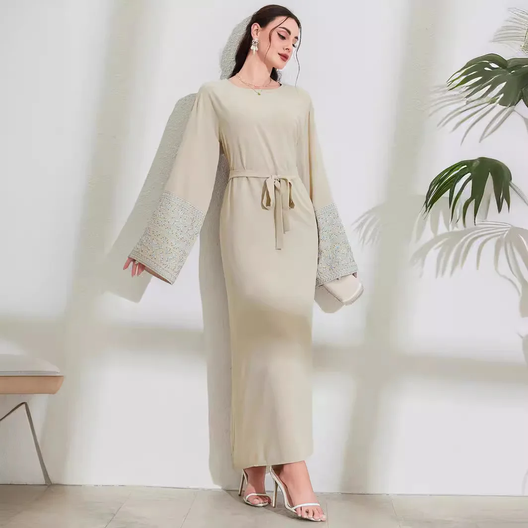 2025 Middle East Muslim New Fashion Women's Solid Color Elegant Casual Trendy Long Sleeve Sashes Ankle Length Dresses Female