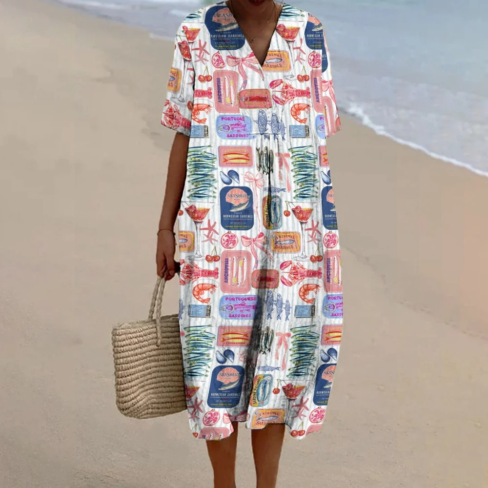 

Fun Flavorful Food Drink Women's Print Flowy Dress Ice Cream Burgers Fries Stylish Foodie Traf Versatile Boho Beach Dress