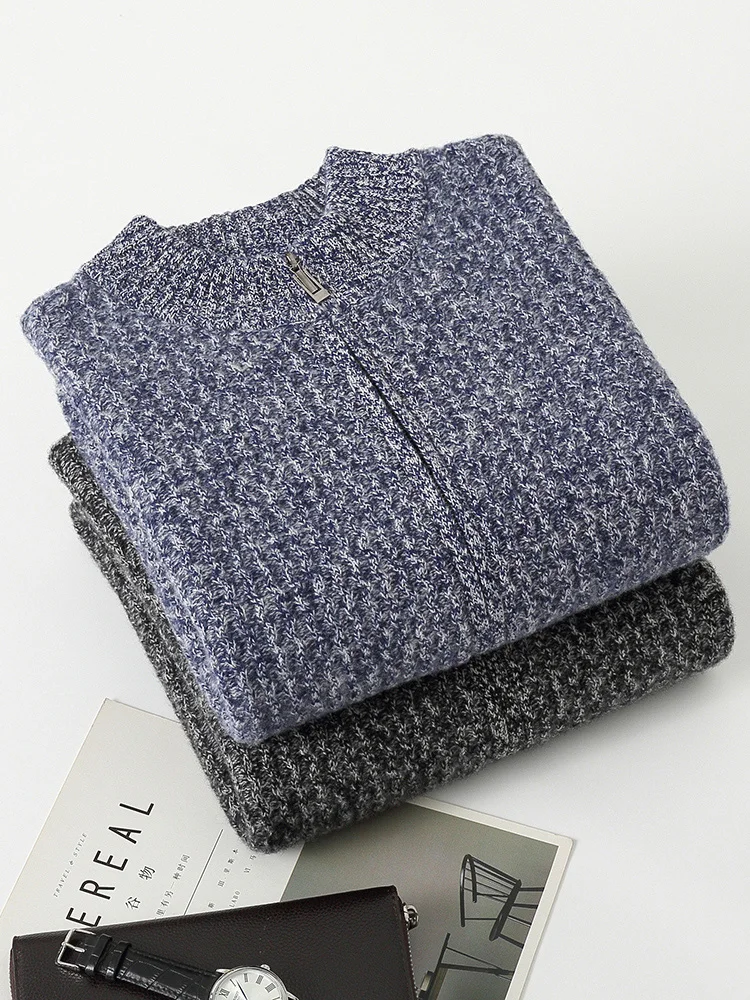 

New Men's Wool Sweatercoat Mock Neck Zipper Cardigan Long Sleeve Autumn Winter 100% Merino Wool Knitwear Thick Smart Casual Tops