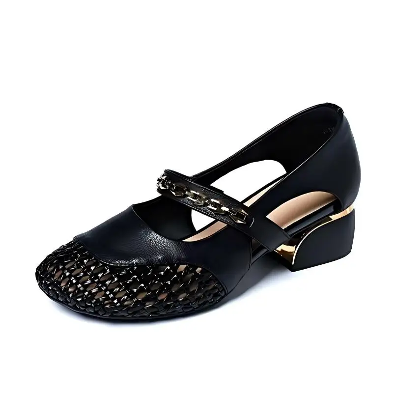Mary Jane Schuhe für Damen Geflochtene Sandalen mit Metallic Blockabsatz Atmungsaktive Sommerschuhe mit Metallkette Elegante Büro Schuhe Retro Chic Mules Party Mode Klassische Sandaletten