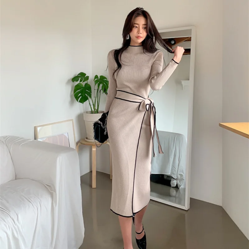 

Vintage One-Piece Patchwork Slim Woman Dress Long Sleeve Knitted Midi Dress Women Sweater Knit Dress Elegant Autumn 2023 Clothes