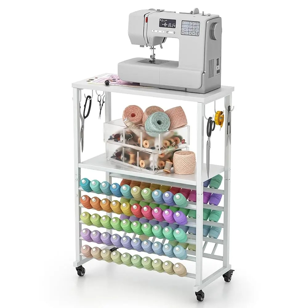 

Sewing Craft Table With Wheels - Diy Pegboard Organizer & Craft Storage Cabinet, 100 Spools Thread Holder, 6 Hooks, Mobile