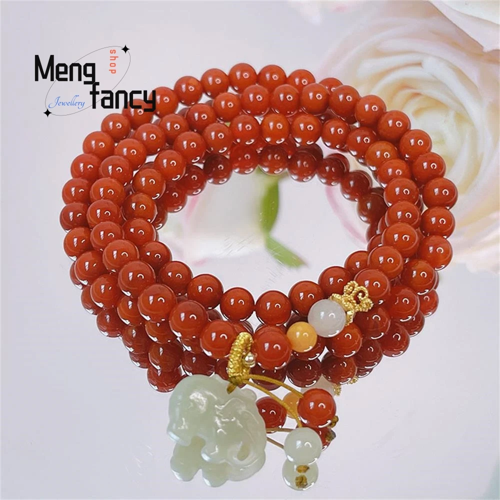 

Natural Hetian Jade Three-ring South Red Agate Ji Xiang Ruyi Elephant Retro Wind Bracelet Exquisite Luxury Fashion Fine Jewelry