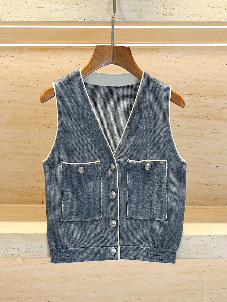 

Элегантный летний джинсовый синий вязаный кардиган с V-образным вырезом, женский модный топ без рукавов, с открытым передом, для повседневной носки