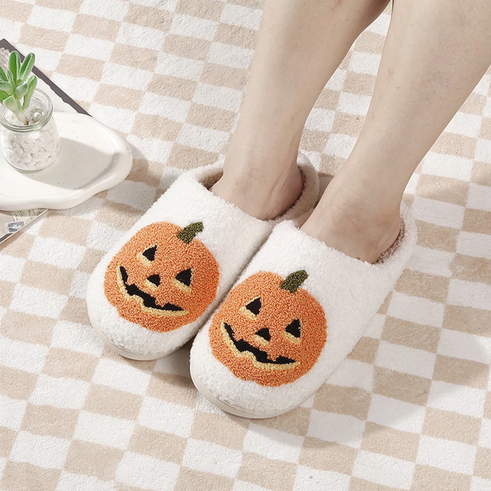 Winter Halloween Spooky Lantern Pumpkin Homeshoes Non Slip Plush Warm Slippers Fuzzy Cute Comfy Flat Shoes for Gift Girl