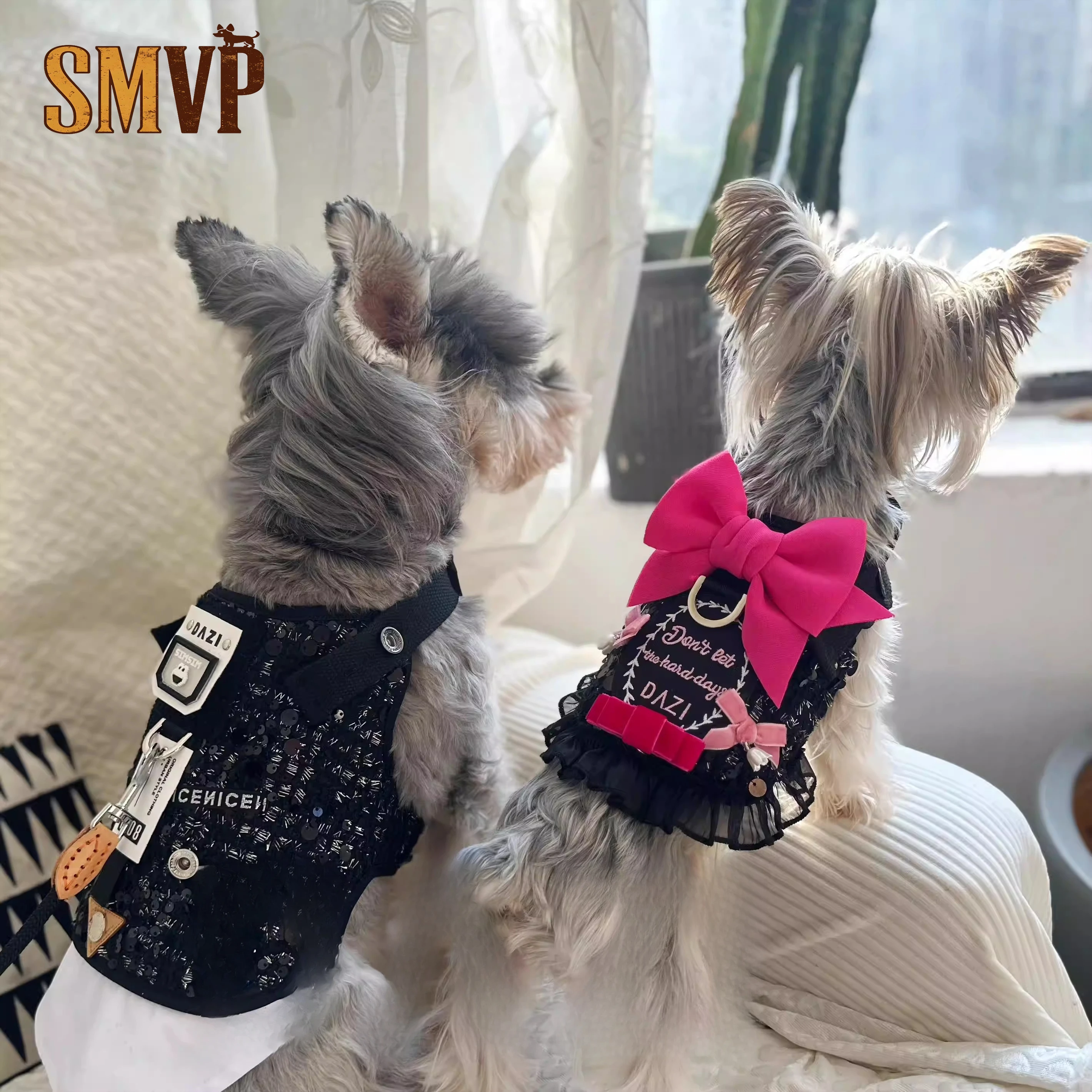 

Summer Black Bow Decorative Sequin The Hem of The Netting Fabric Dress Sweet Cool Style Pet Small Dog Leather Vest with Leash
