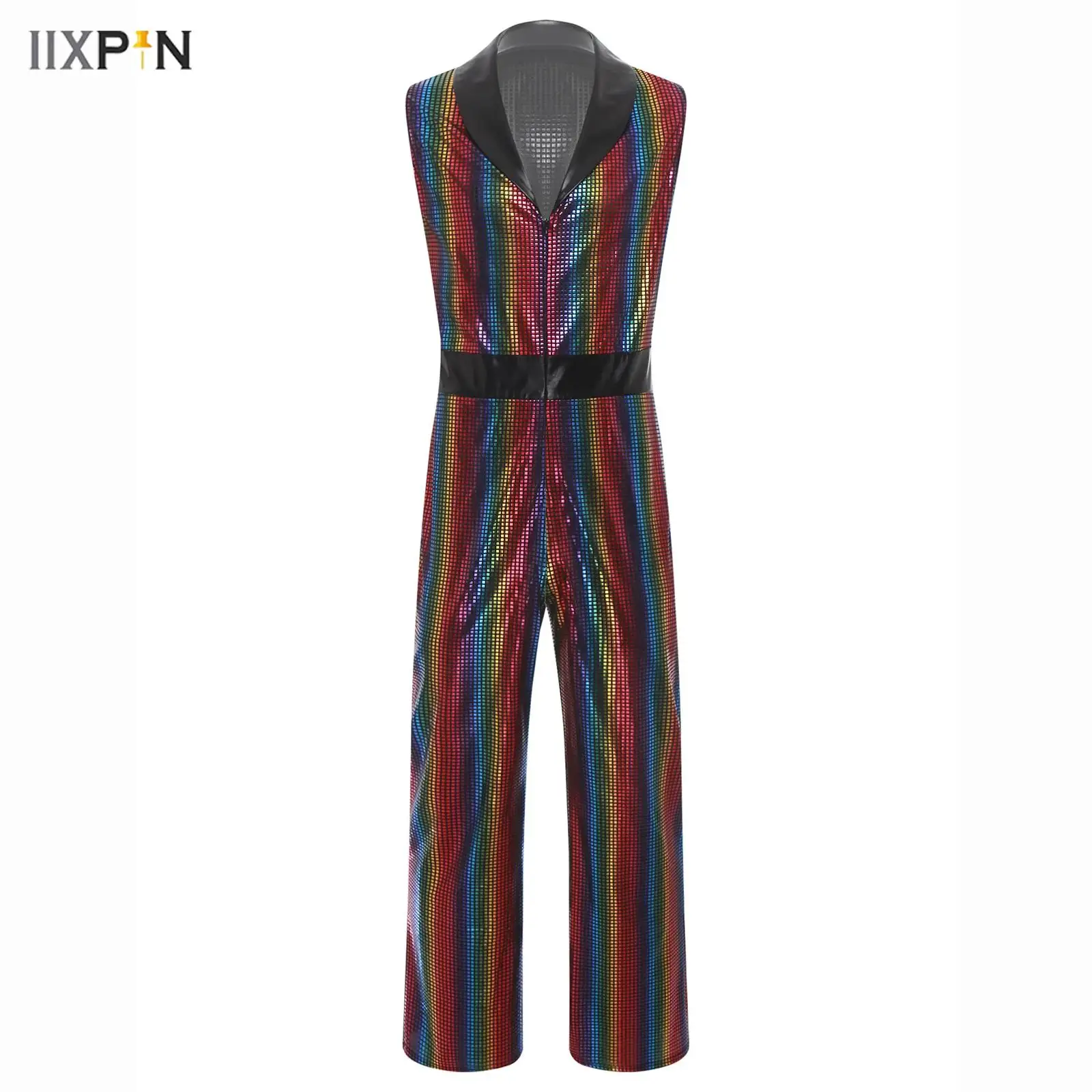 

Mens Retro 80s 90s Disco Jumpsuit Lapel V Neck Sleeveless Wide Leg Bodysuit Metallic Shiny Plaid Romper for Rave Party Clubwear
