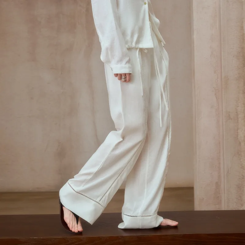 Fashion Streetwear Women Pant Lyocell Linen White Color Lace Hollow Out High-waisted Stretch Wide-leg Pants Loose Casual Trouser