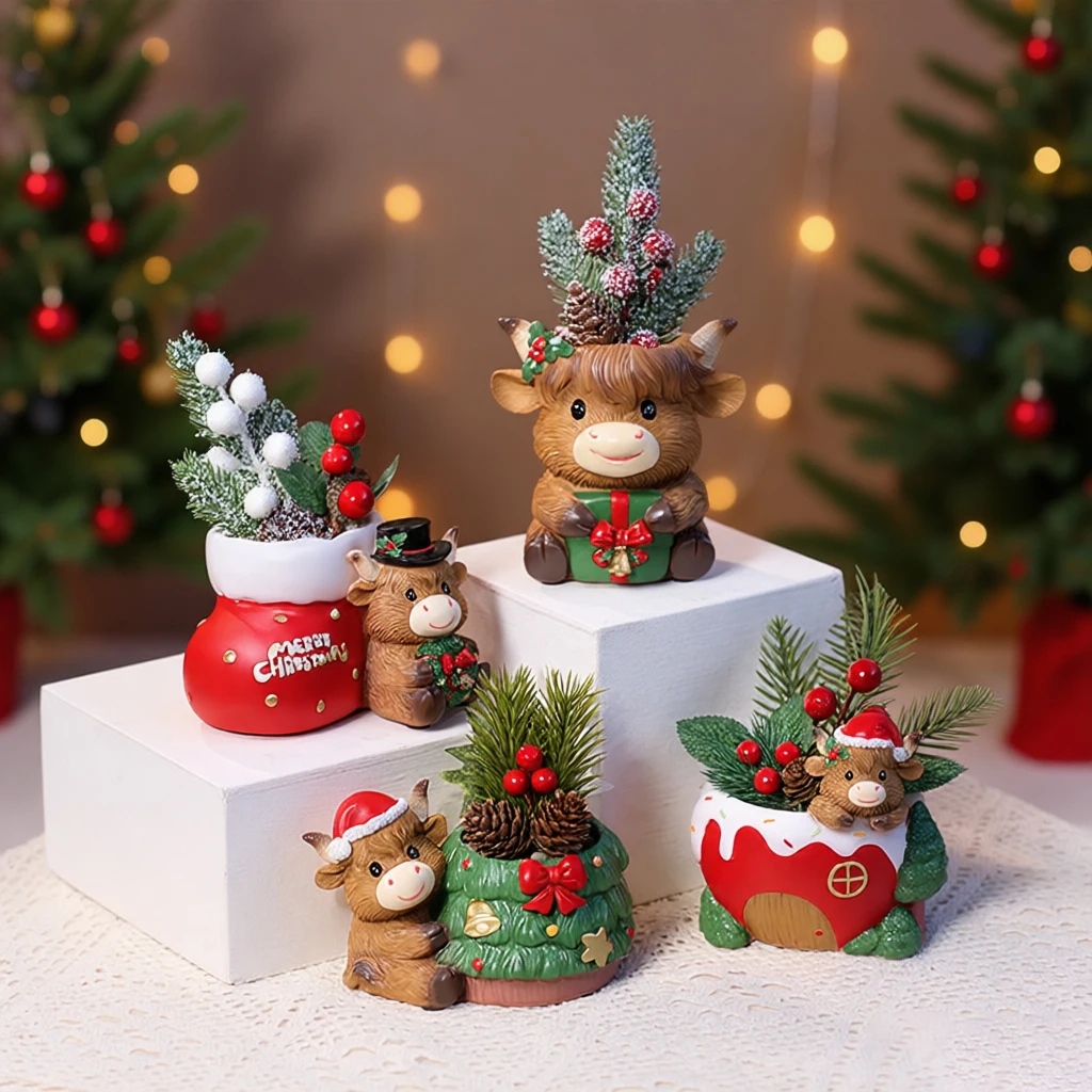 

Рождественский цветочный горшок из смолы с горной коровой, настольный декоративный сочный горшок
