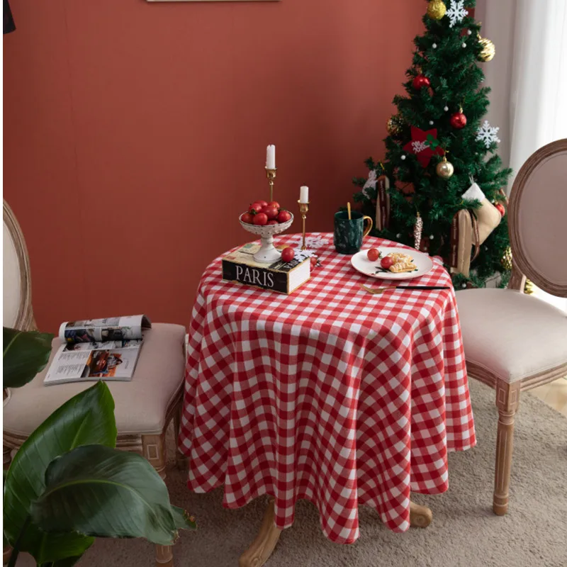 Ins Wind Nordic Christmas Red And White Plaid Tablecloth Cotton And Linen Round Dining Table Tablecloth Dropshipping MOOJOU