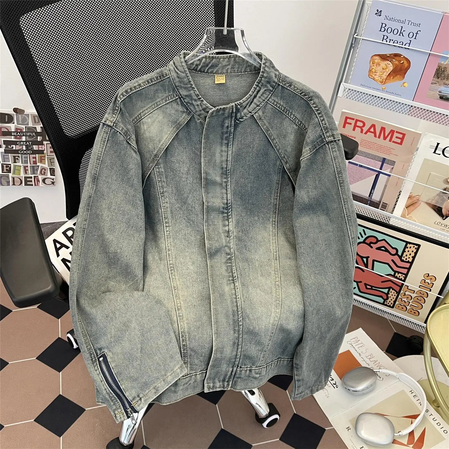 

Мужская джинсовая куртка в стиле ретро, свободного кроя, с воротником-стойкой, в стиле пэчворк, на молнии, рабочая, в американском стиле, однотонная, с длинными рукавами