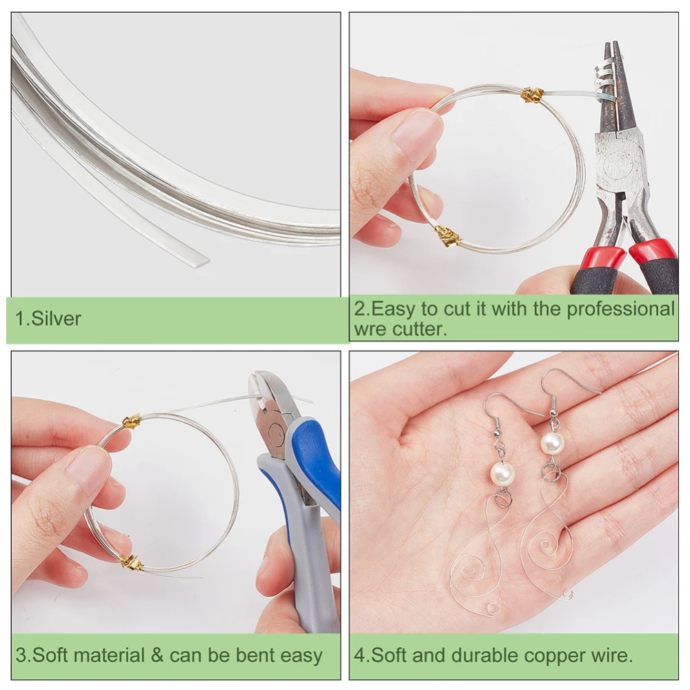 999 سلك فضي ناعم فضي مسطح 1.5 × 0.5 مم حوالي 3.28 قدم (1 م)/طقم صندوق #4