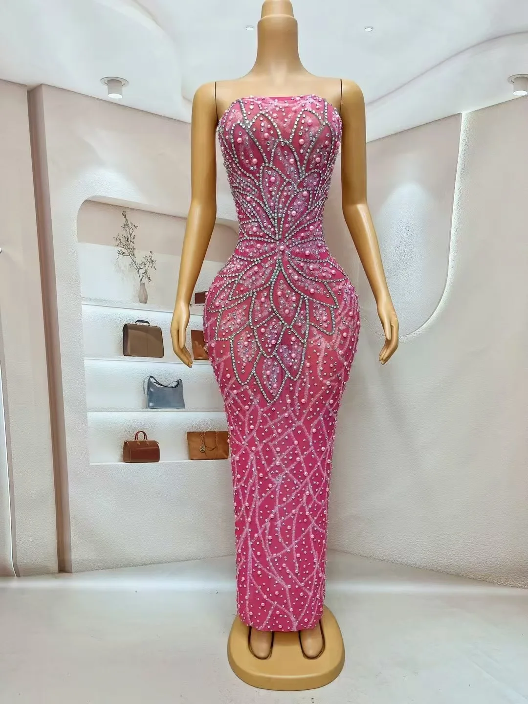 Women Sexy Stage Silver Rhinestones Crystals Sleeveless Pink Dress Stretchy Outfit Dance Stage Show Nightclub Photoshoot Costume