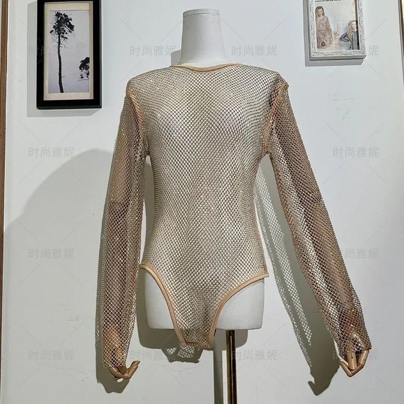 Ropa de actuación Sexy a la moda, mono calado de malla, perspectiva de cuello redondo, camisa de manga larga con parte inferior brillante para mujer