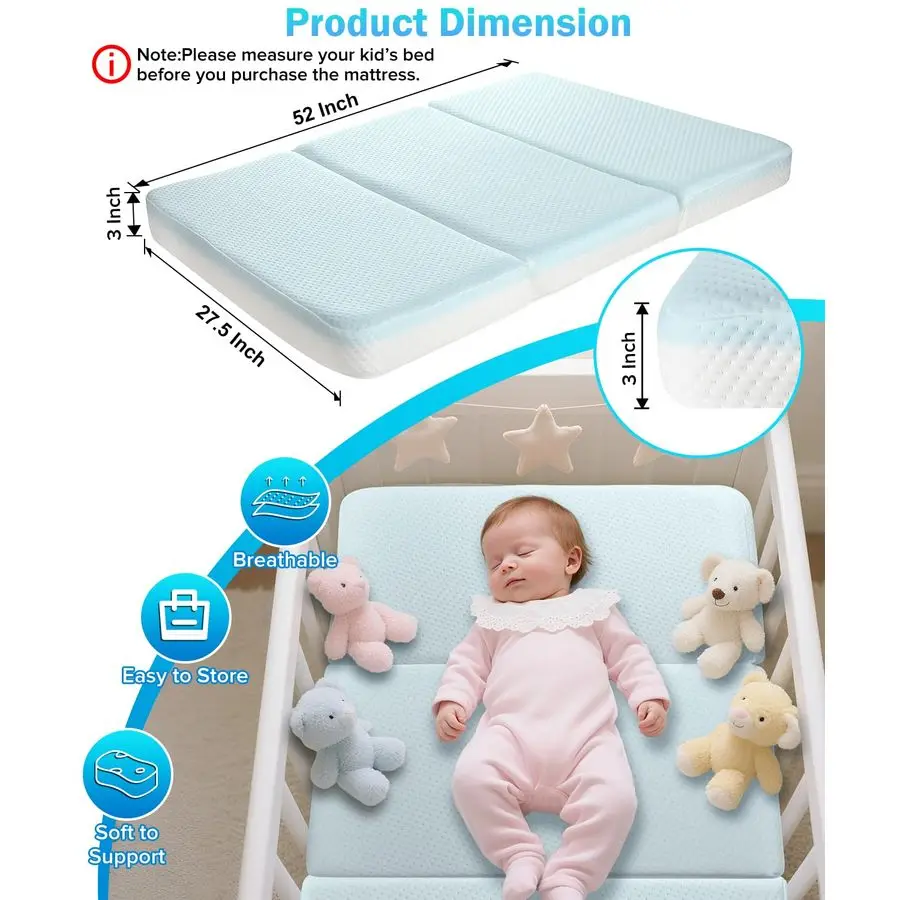 مرتبة سرير مقاومة للماء، مرتبة ثلاثية الطي مقاس 52 × 27.5 بوصة لسرير الأطفال الصغار، سجادة قيلولة من إسفنج الذاكرة المحمولة للسفر للأطفال الرضع،