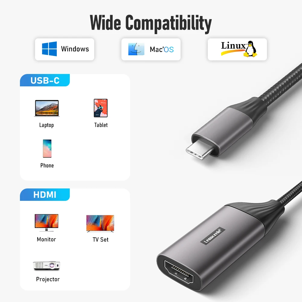 Lemorele L11 USB C Hub HDMI 4k @ 30hz Type C إلى HDMI متوافق مع 4K عرض محول ويندوز 7/8/10/11 ماك OS