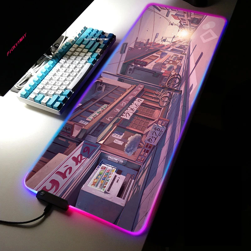 Street Scenery Large RGB Gamer Mousepad Anime Mouse Mat Gaming Mousepads LED Keyboard Mats Luminous Desk Pads Mouse Pad For PC