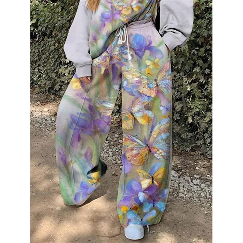 Vintage Butterfly Print Pullovert And Pant Women Harajuku Sweatshirts+Sweatpants Set Hip Hop Streetwear Clothes