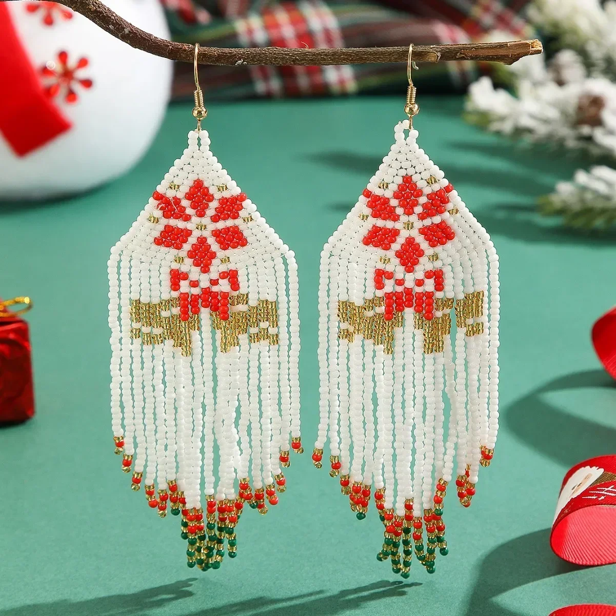 

Beaded earrings Tassel Originality Snowflake Design Christmas Hand knitting Bohemia Alloy Tide Simple Female Rice bead earrings