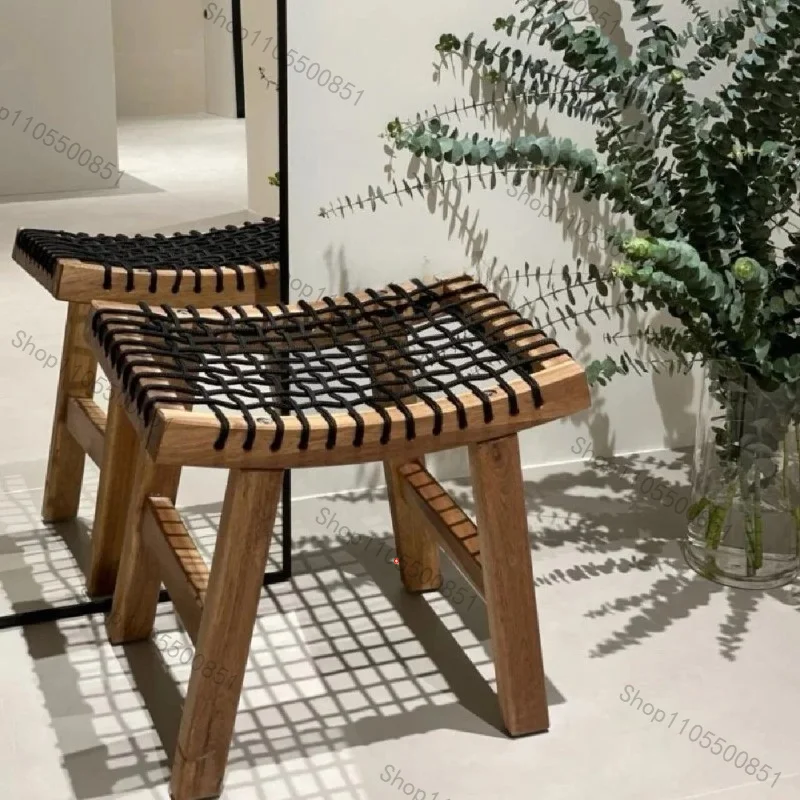 Solid wood braided rope shoe changing stool household makeup stool simple casual stool retro