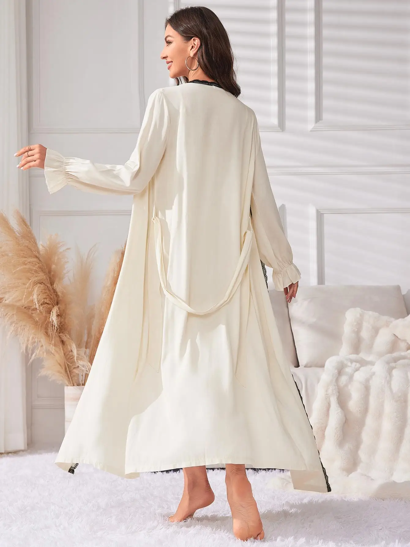 Women Nightgown Set Solid Sleeveless Front Button Dress & Lace Trim Ruffle Long Sleeves Waist Belt Robe Female Spring Sleepwear