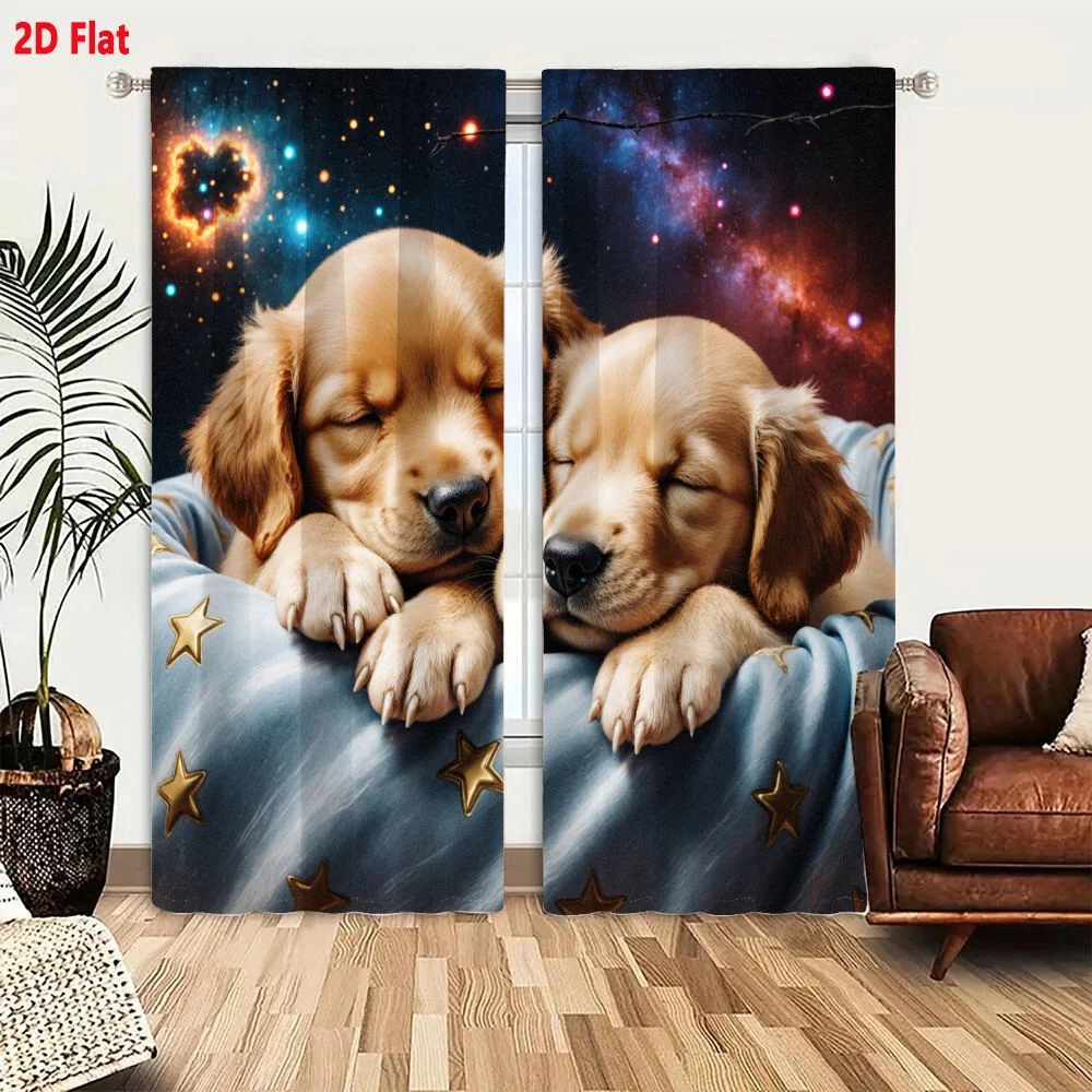 2Pcs Curtains 2D Flat Golden Retriever Puppies Sleeping On Light Blue Star-Patterned Blanket With Vibrant Starry Night Sky Backg
