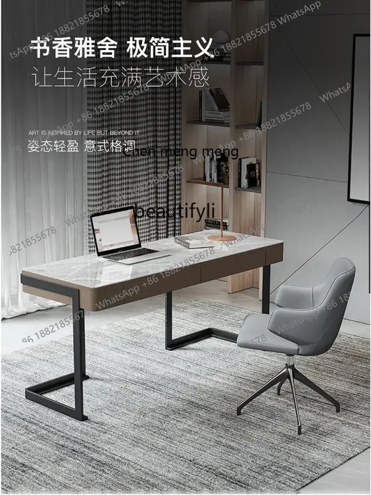 ss7486 Italian Minimalist Stone Plate Light Luxury Study Desk Modern Minimalist Writing Desk Bookcase Integrated Home