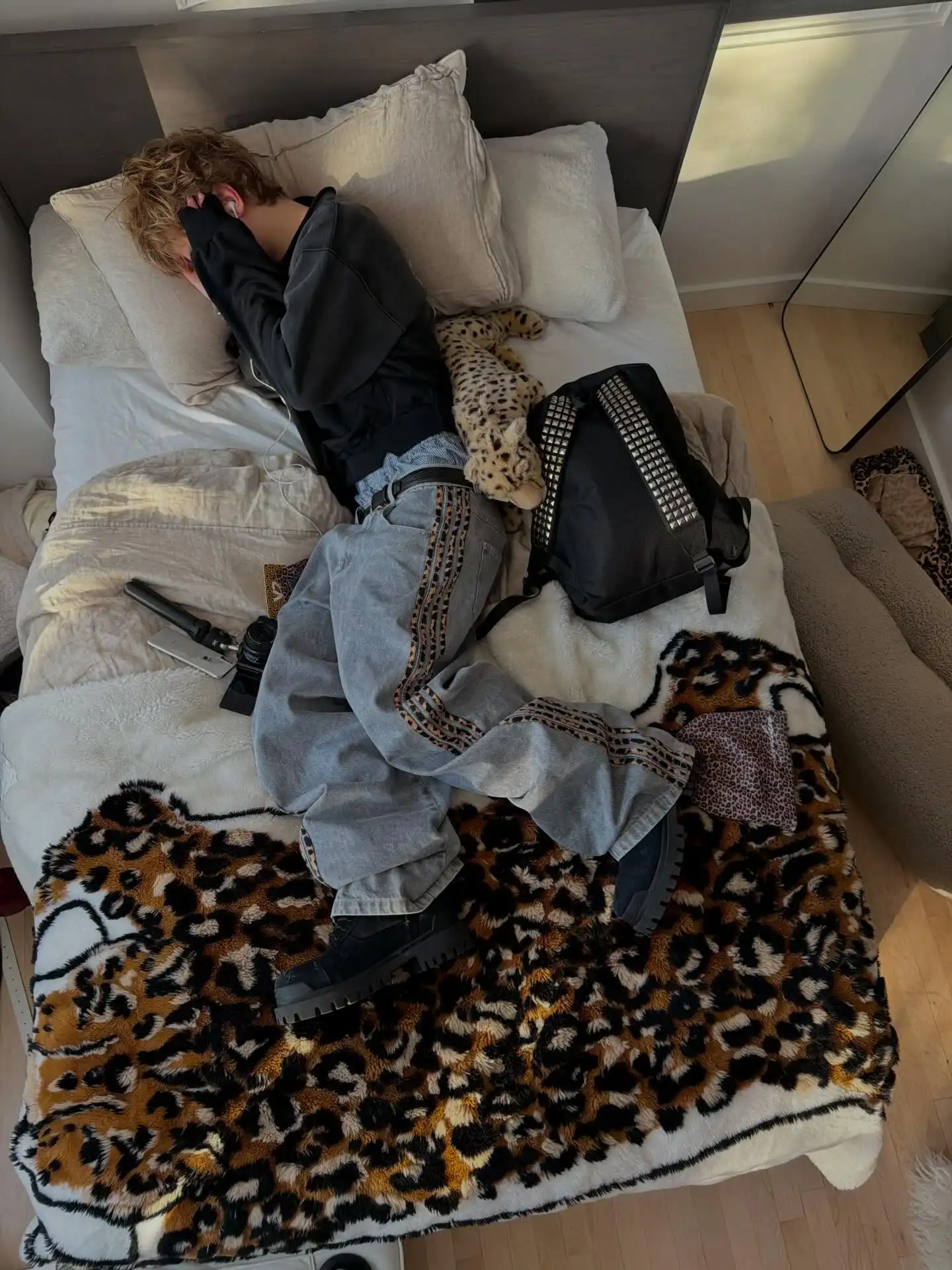 

Y2K leopard print jeans stripe double pocket baggy jeans men high street retro hip hop fashion casual couple wideleg denim pants