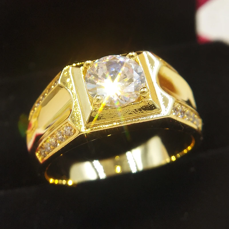 LMNZB Fashion Gold Color Tibetan Silver Rings for Men Round 7mm CZ Zircon Engagement Wedding Band Men\'s Wedding Jewelry Gift