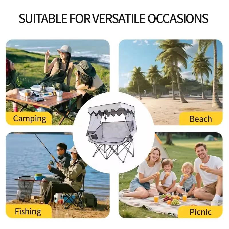 Outdoor Camping Leisure Double Folding Chair Fishing Beach Chair Integrated Awning Awning Outdoor Furniture
