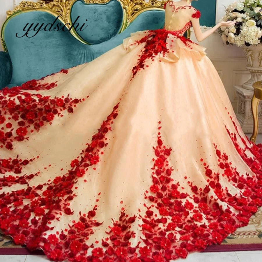 

2022 Sweetheart Quinceanera Dresses For 15 Party Princess Court Train Tulle Lace Birthday Party Ball Gown Dress Red Applique