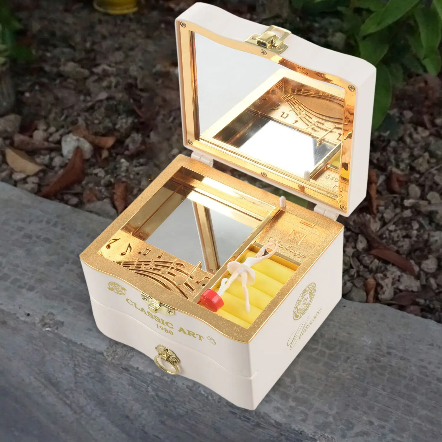 ABQR Классическая вращающаяся танцорная музыкальная шкатулка для фортепиано Заводная пластиковая шкатулка для драгоценностей для девочек Ручная рукоятка Музыкальный механизм Белый