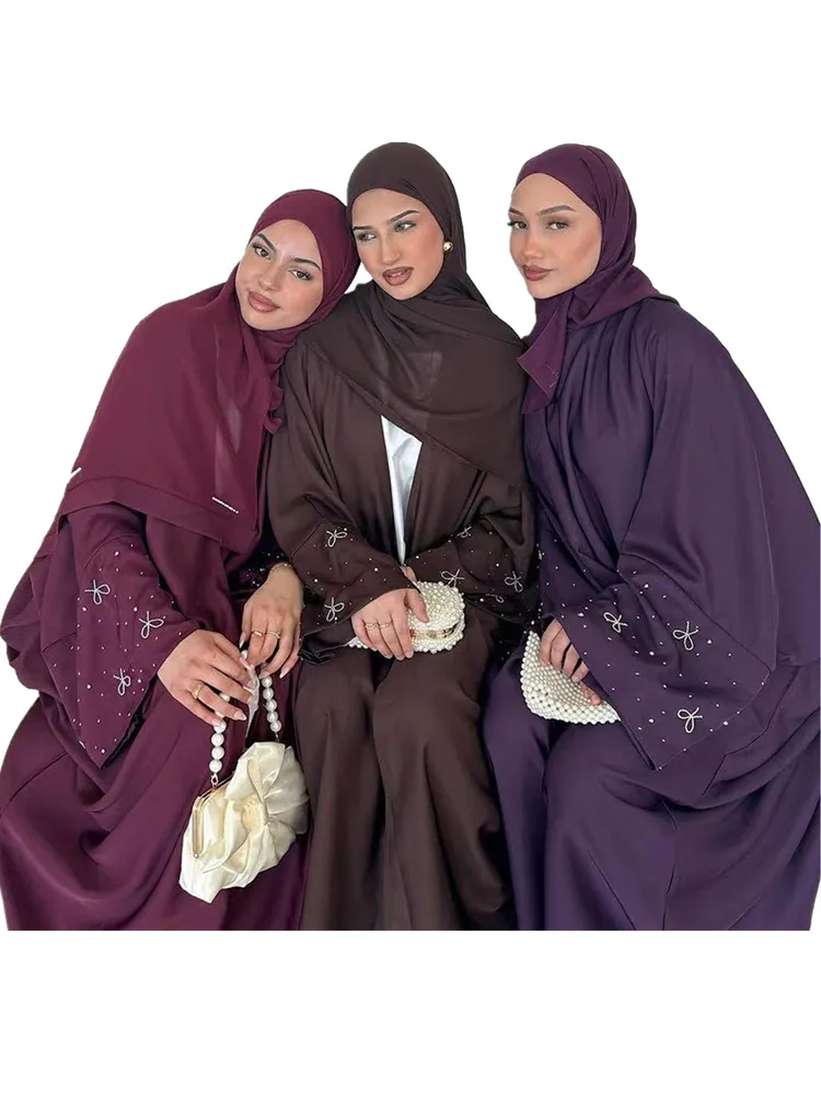 

Ramadan Eid Djellaba bow beading Muslim Dress Dubai Fashion Abaya Dubai Turkey Muslim Kimono Islam Robe WY2282