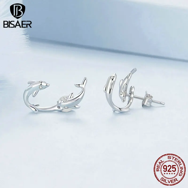 BISAER 925 Sterling Silver Dolphin Stud Earrings Detachable Ear Clip Plated Platinum For Woman Party Fine Jewelry EFE922