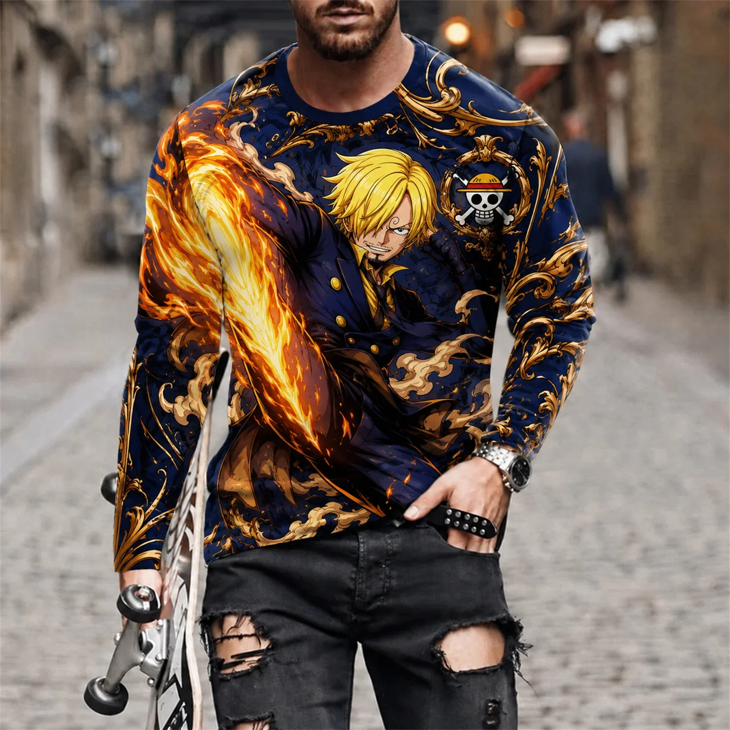 One Piece Luffy Anime T-Shirt Herren Streetwear Casual Herbst Frühling Cosplay Langarm Unterziehshirt Oberteil T-Shirts FamilyMatching – Detail 6