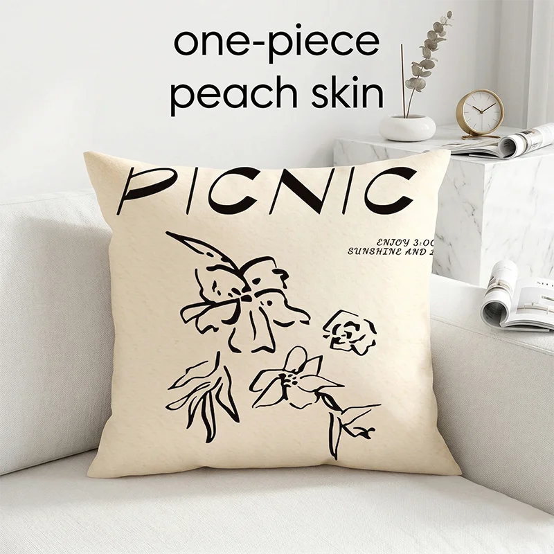 

Ins Style Typography Flower Peach Skin Cushion Cover Minimalist Black White Throw Pillowcase for Sofa Bed Living Room Home Decor