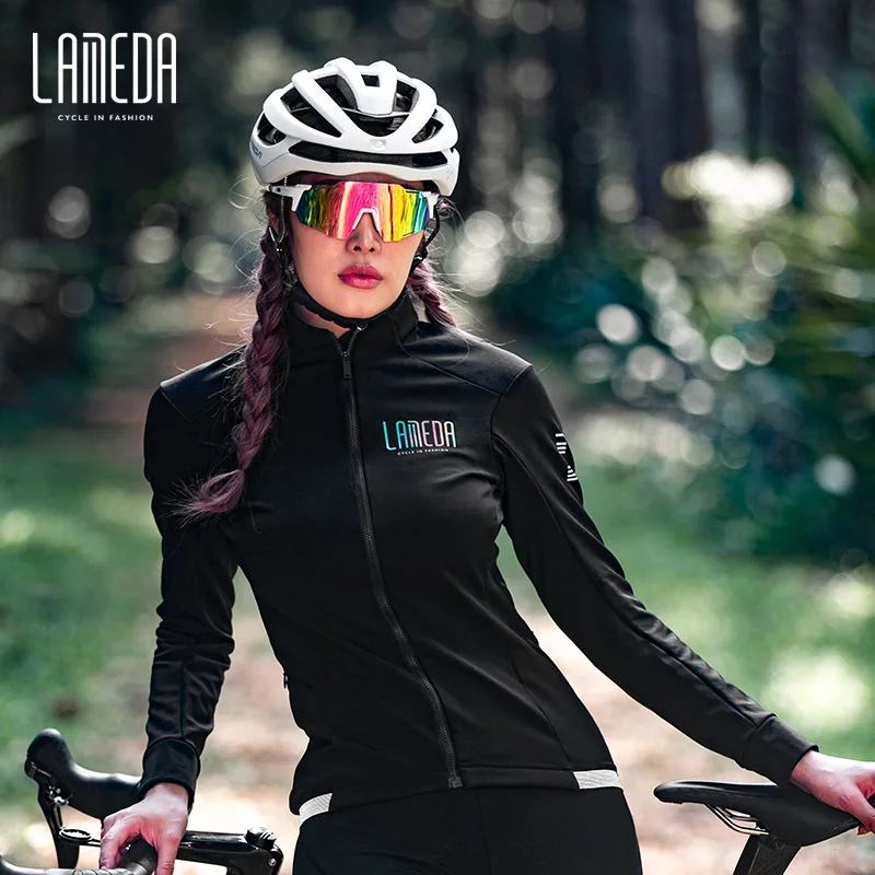 LAMEDA Women Cycle Jersey Autumn Winter Windproof Fleece Thermal Bike Jersey Plush Coat Road Mountain Bike Top Long Sleeve