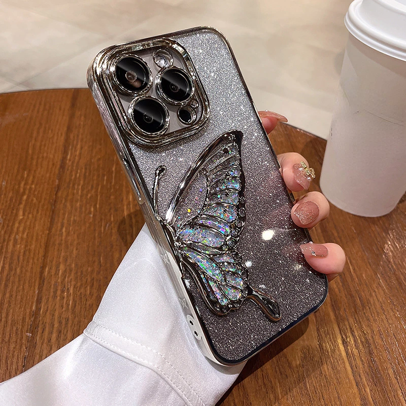 New Quicksand Butterfly for 13 14 15 Pro Max Mobile Phone Case PC Protective Shell Model Set Ip Transparent High-end