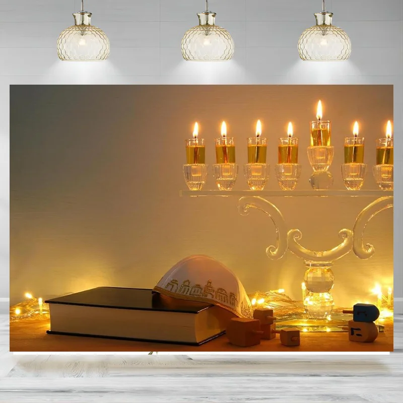 Hanukkah Backdrop Bible Jewish Holiday Menorah Candles Background Religious Theme Party Photographic Decorations Photo Banner